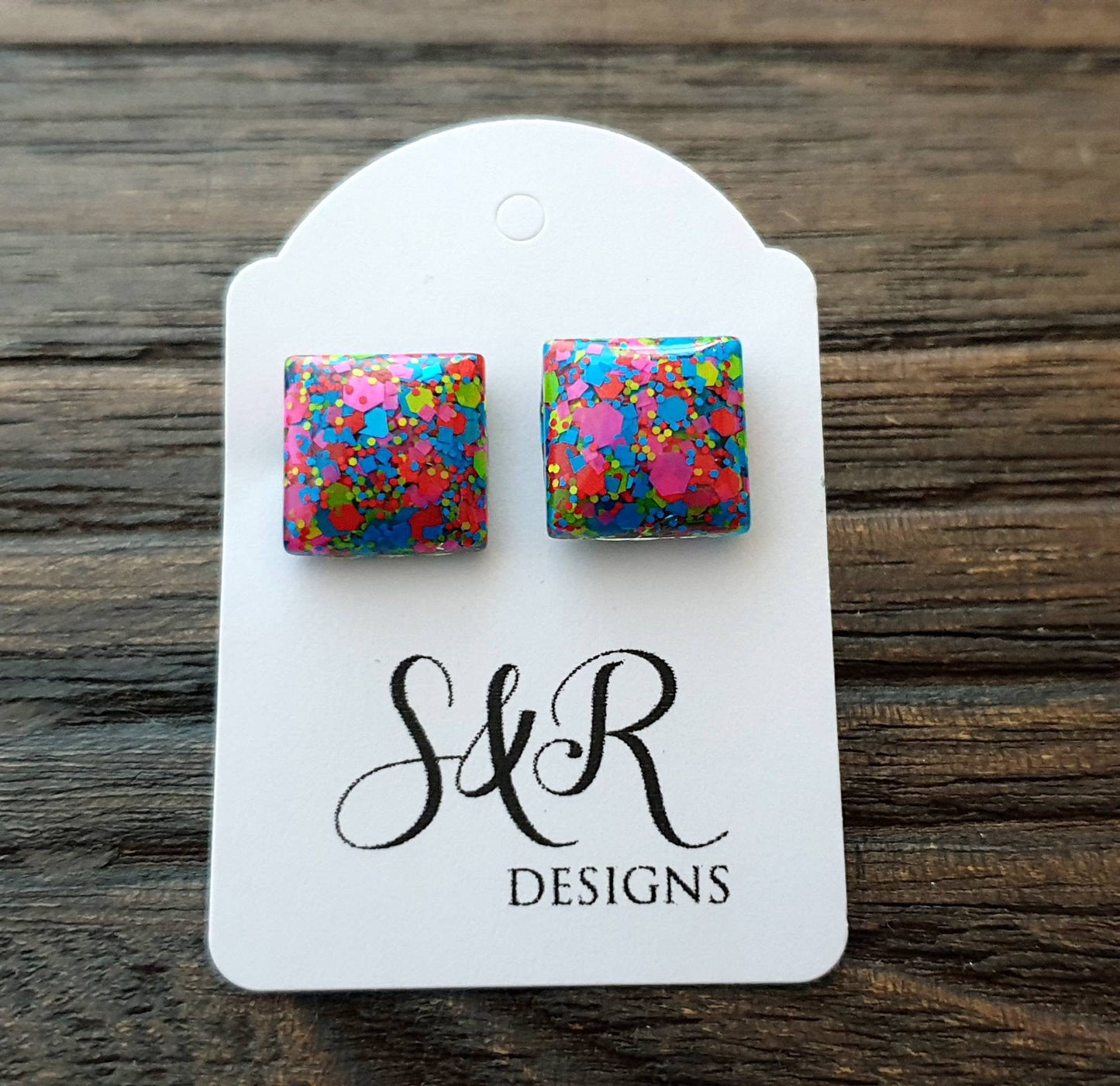 Square Resin Stud Earrings, Neon Glitter Square Earrings made with Stainless Steel. 12mm