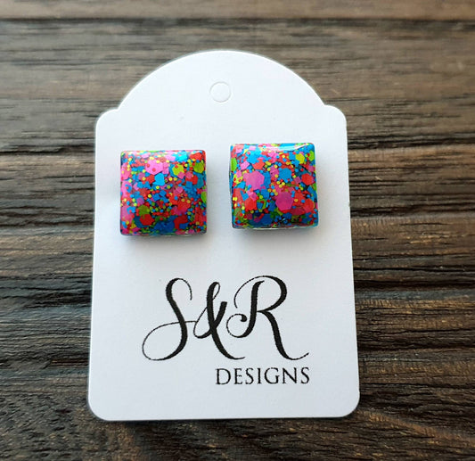 Square Resin Stud Earrings, Neon Glitter Square Earrings made with Stainless Steel. 12mm