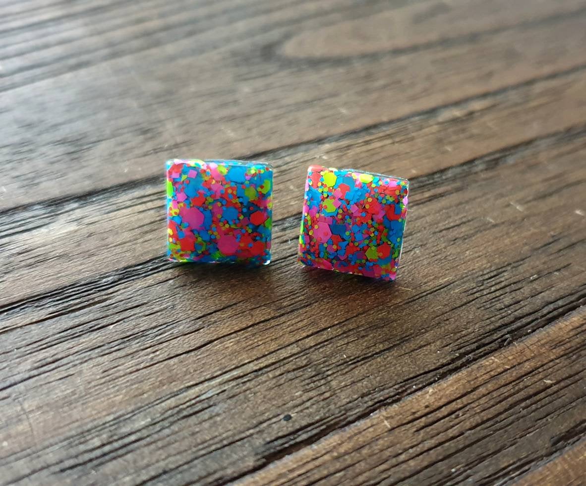 Square Resin Stud Earrings, Neon Glitter Square Earrings made with Stainless Steel. 12mm
