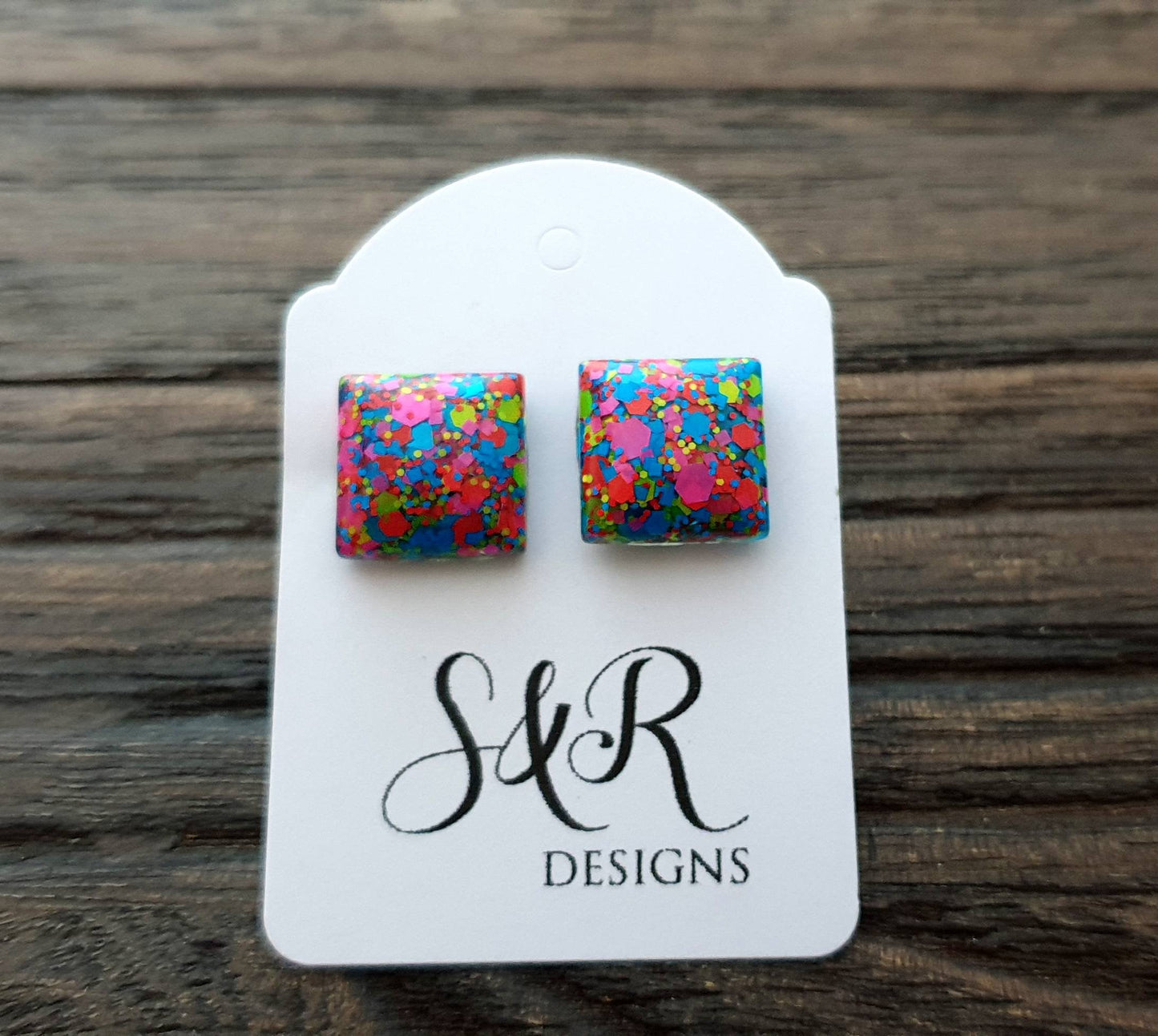 Square Resin Stud Earrings, Neon Glitter Square Earrings made with Stainless Steel. 12mm