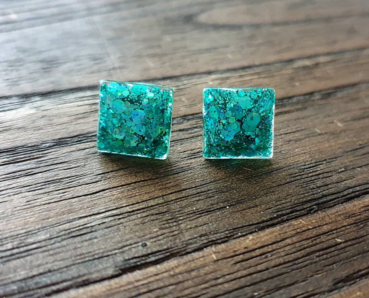 Square Resin Stud Earrings, Teal Glitter Square Earrings made with Stainless Steel. 12mm
