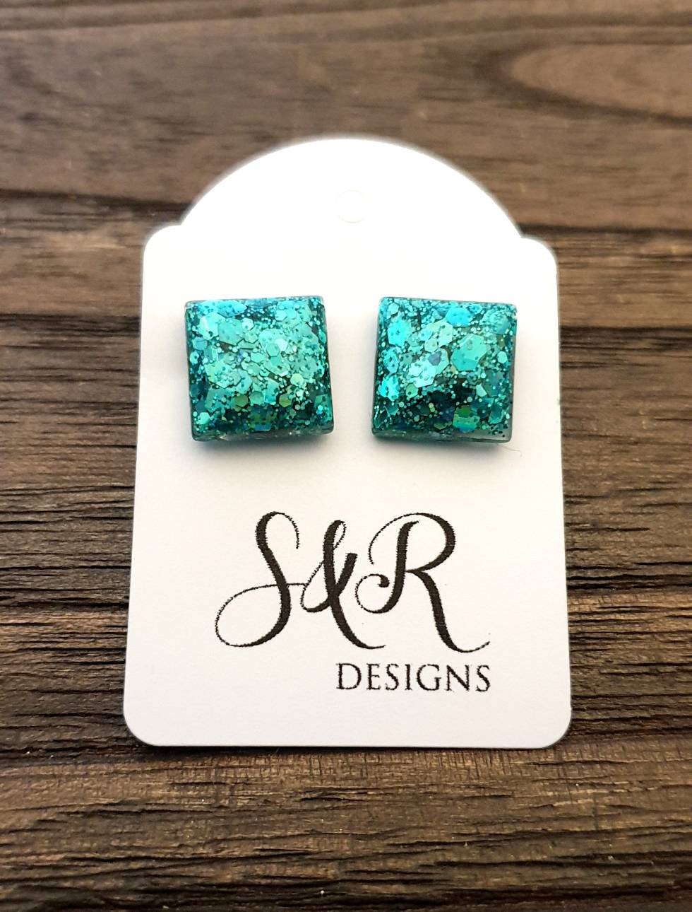 Square Resin Stud Earrings, Teal Glitter Square Earrings made with Stainless Steel. 12mm