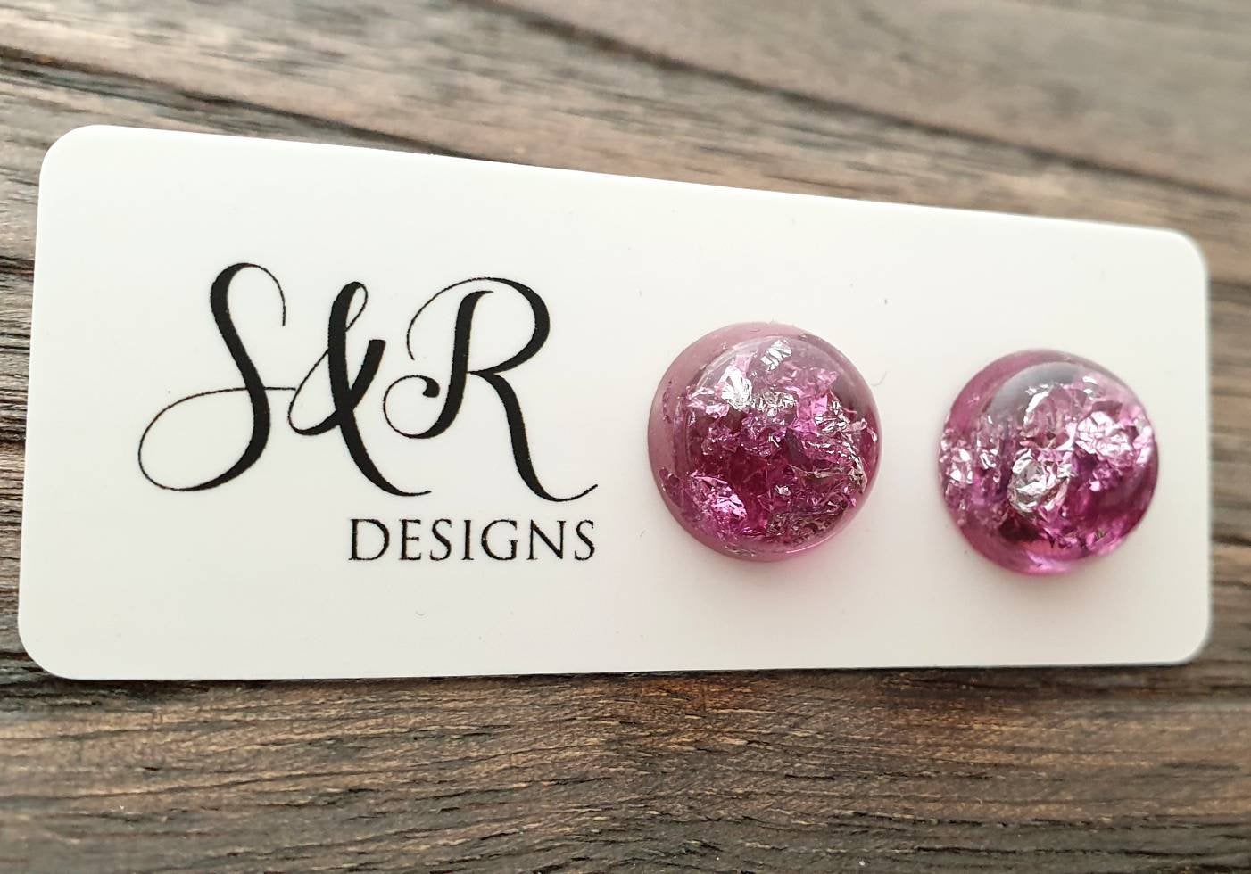 Resin Circle Stud earrings Magenta and Silver Leaf mix Stainless Steel 14mm