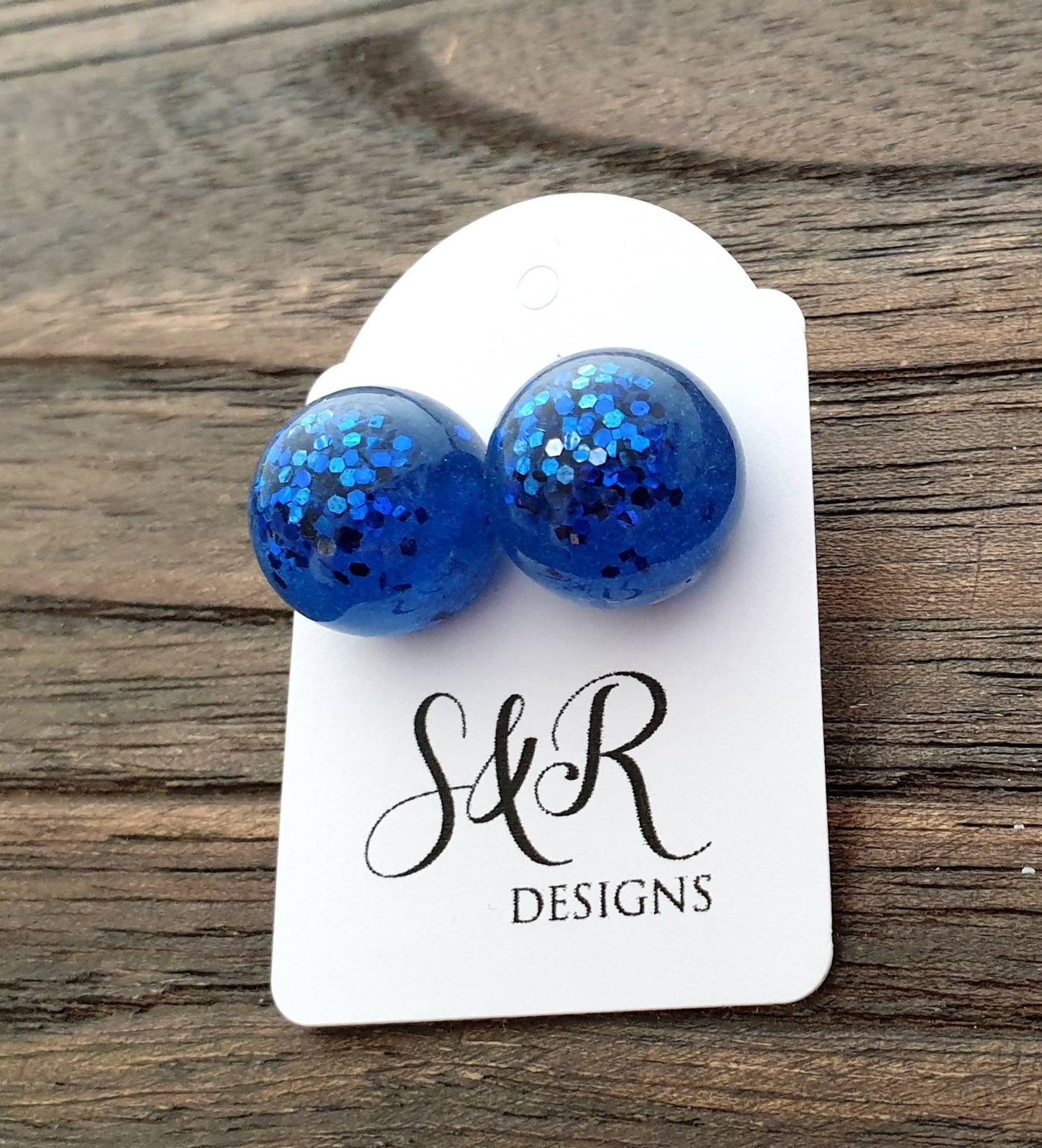 Resin Ball Stud earrings Blue Glitter Earrings, stainless steel earrings 14mm