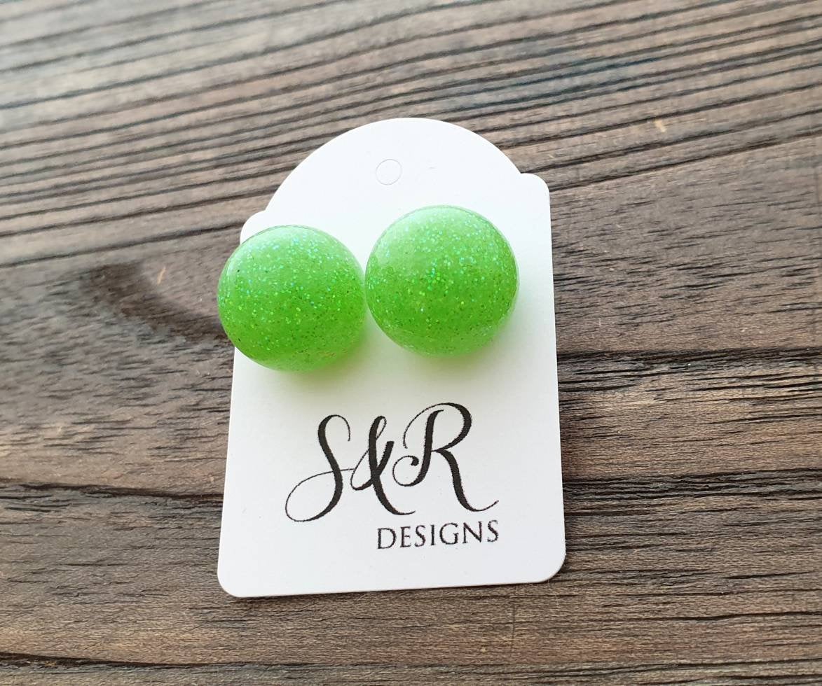 Resin Ball Stud earrings Lime Green Glitter Earrings, stainless steel earrings 14mm