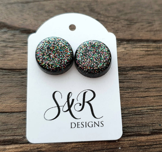 Hand Made Resin Black Rainbow Glitter Mix Stud Earrings made of Stainless Steel. 14mm