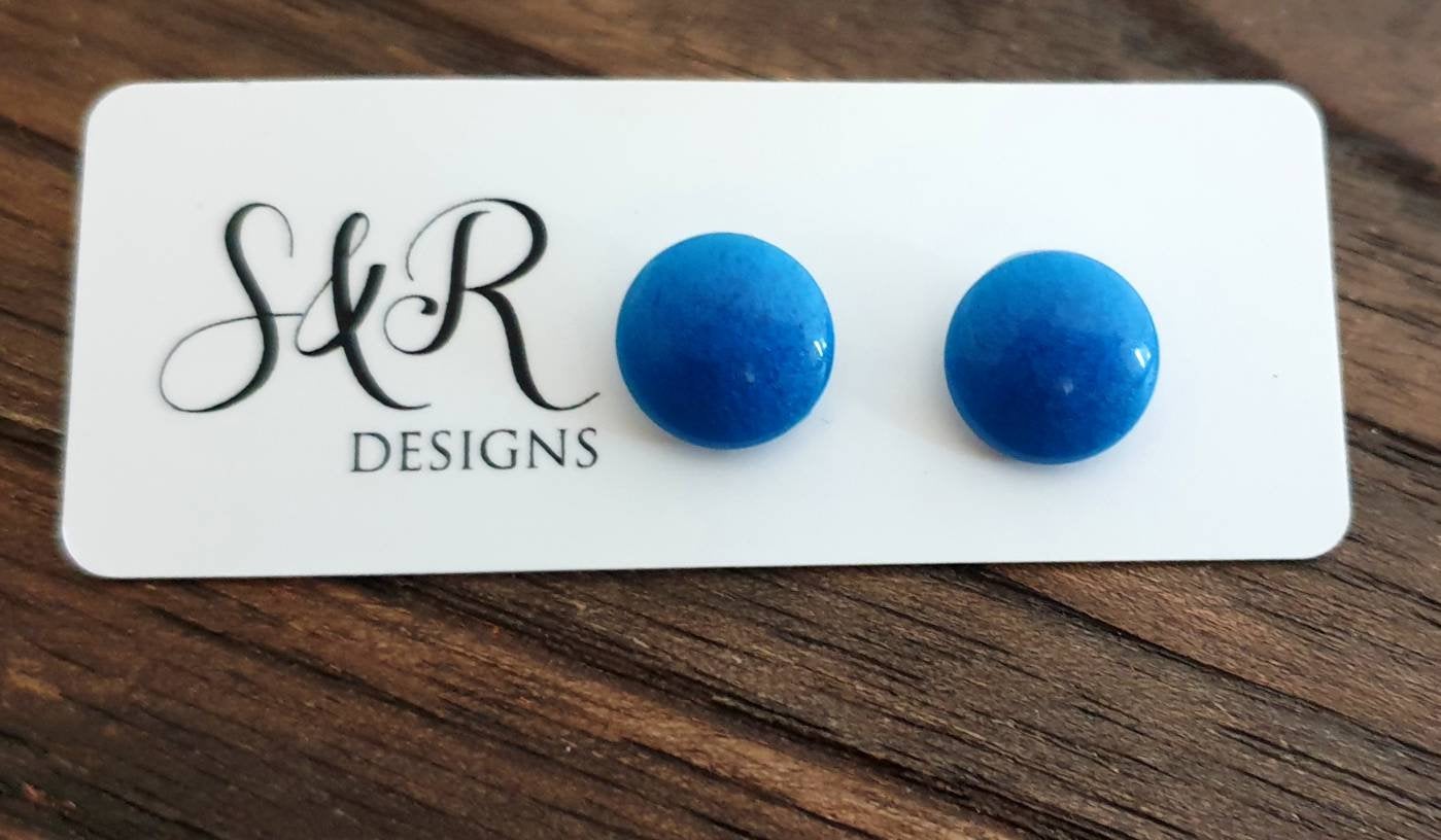 Circle Resin Blue Stud Earrings, Stainless Steel Stud Earrings. 12mm