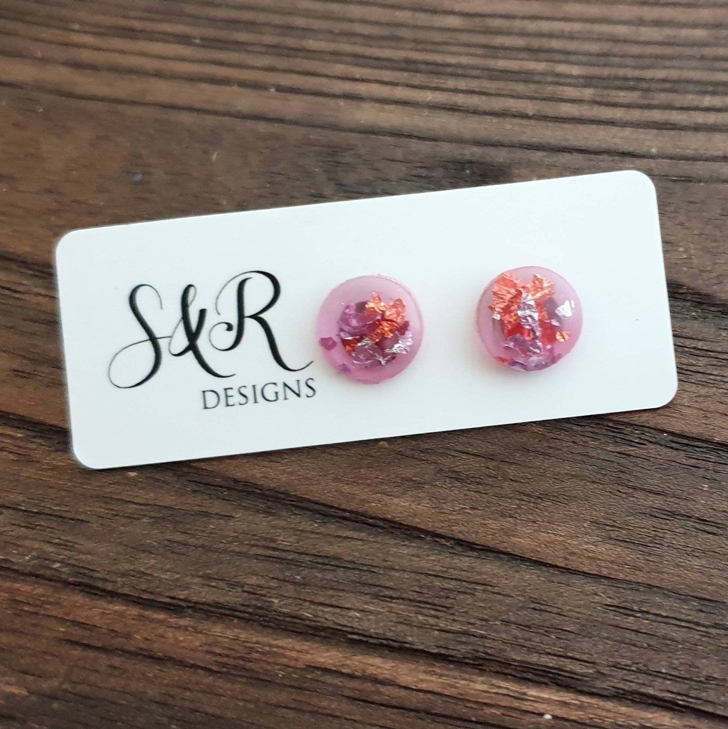 Circle Resin Stud Earrings, Magenta Mixed Rose Gold Silver Leaf Earrings, Stainless Steel Stud Earrings. 12mm