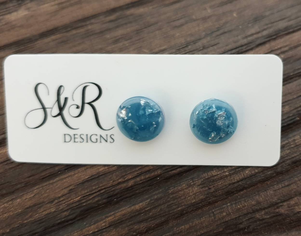 Circle Resin Stud Earrings, Blue Mixed Silver Leaf Earrings, Stainless Steel Stud Earrings. 12mm