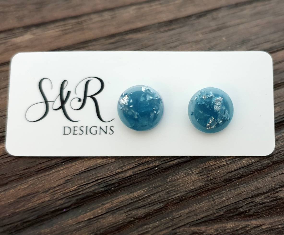 Circle Resin Stud Earrings, Blue Mixed Silver Leaf Earrings, Stainless Steel Stud Earrings. 12mm