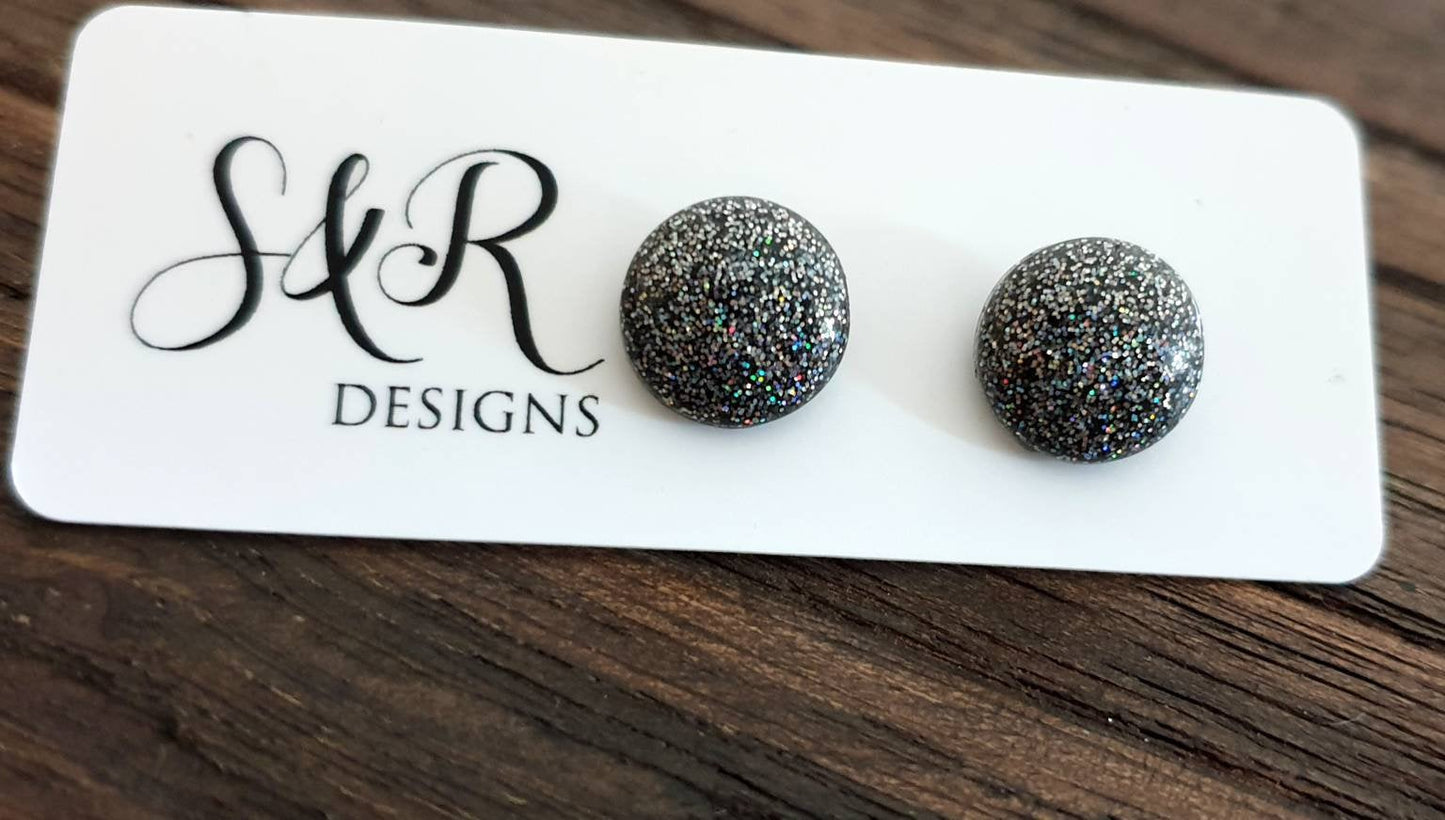 Circle Resin Stud Earrings, Black Rainbow Fine Glitter Mix Stainless Steel Stud Earrings. 12mm