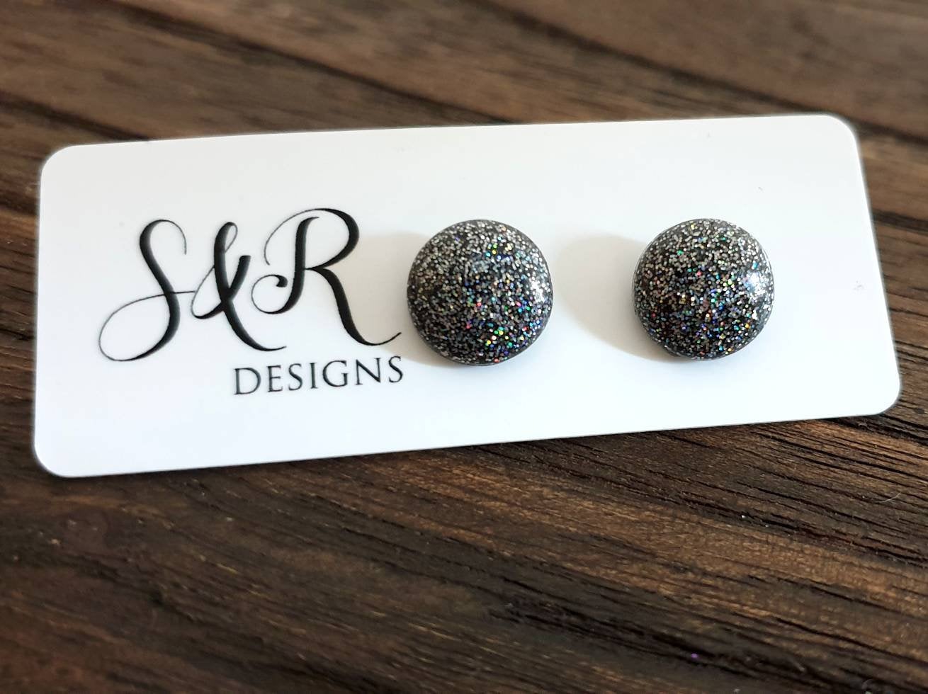 Circle Resin Stud Earrings, Black Rainbow Fine Glitter Mix Stainless Steel Stud Earrings. 12mm