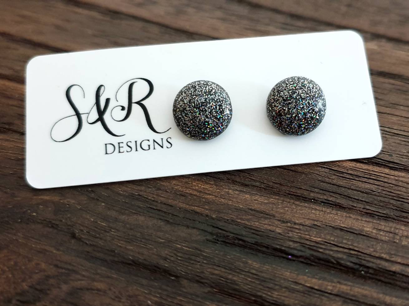 Circle Resin Stud Earrings, Black Rainbow Fine Glitter Mix Stainless Steel Stud Earrings. 12mm