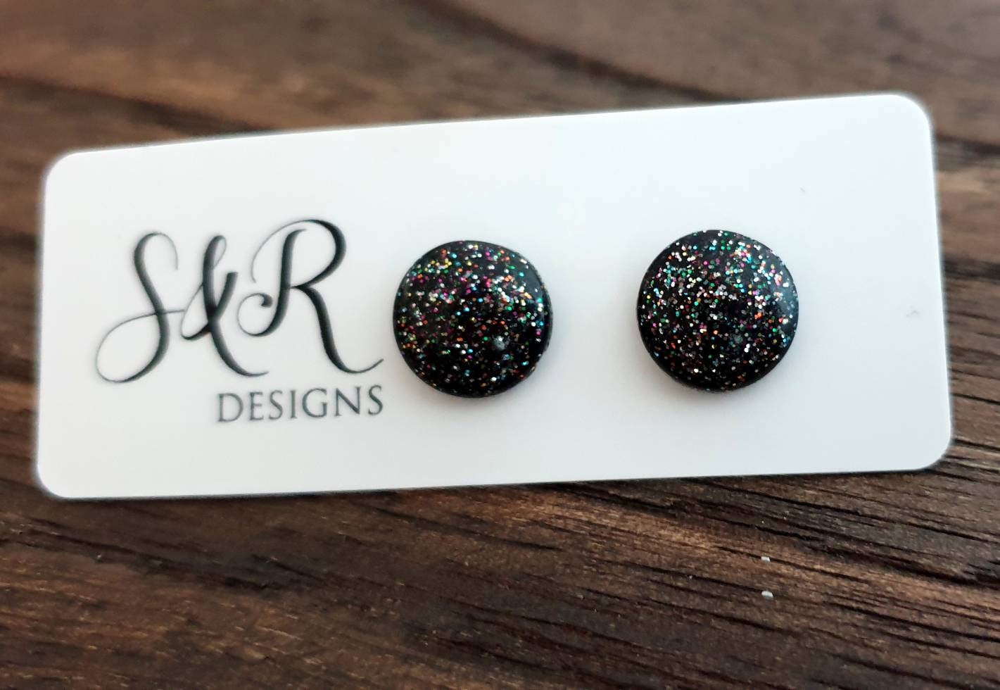Circle Resin Stud Earrings, Black Rainbow Glitter Mix Stainless Steel Stud Earrings. 12mm
