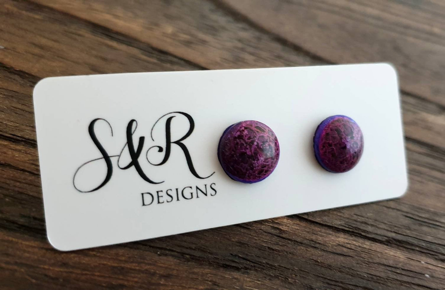 Circle Resin Pink Purple Mix Stud Earrings, Stainless Steel Stud Earrings. 12mm