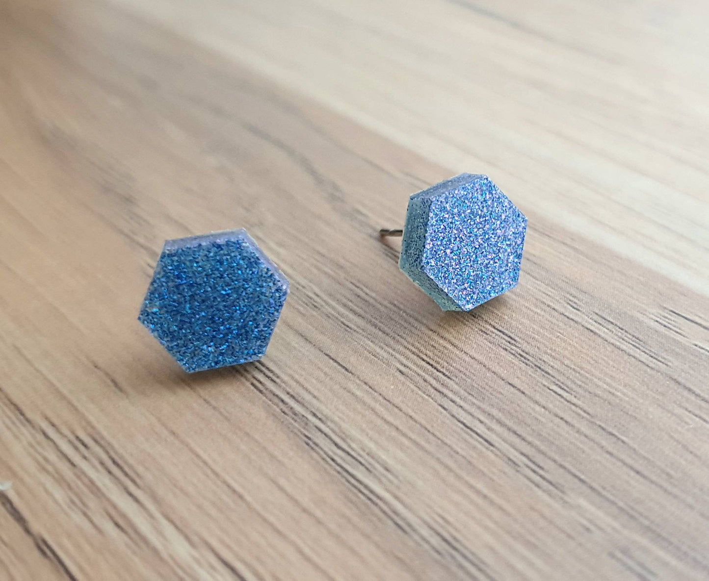 Hexagon Stud Earring, Resin Blue Purple Mix Earrings. Stainless Steel Stud Earrings. 10mm