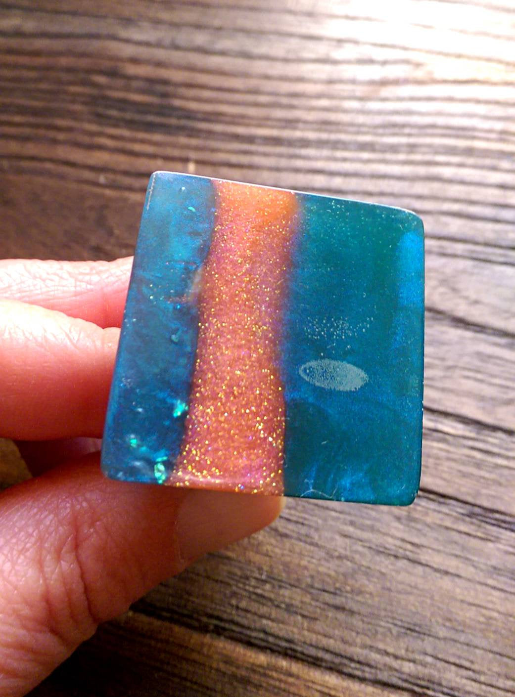 Statement Square Resin Ring, Handmade Size 7 US N AU. Blue Glitter Mix Ring