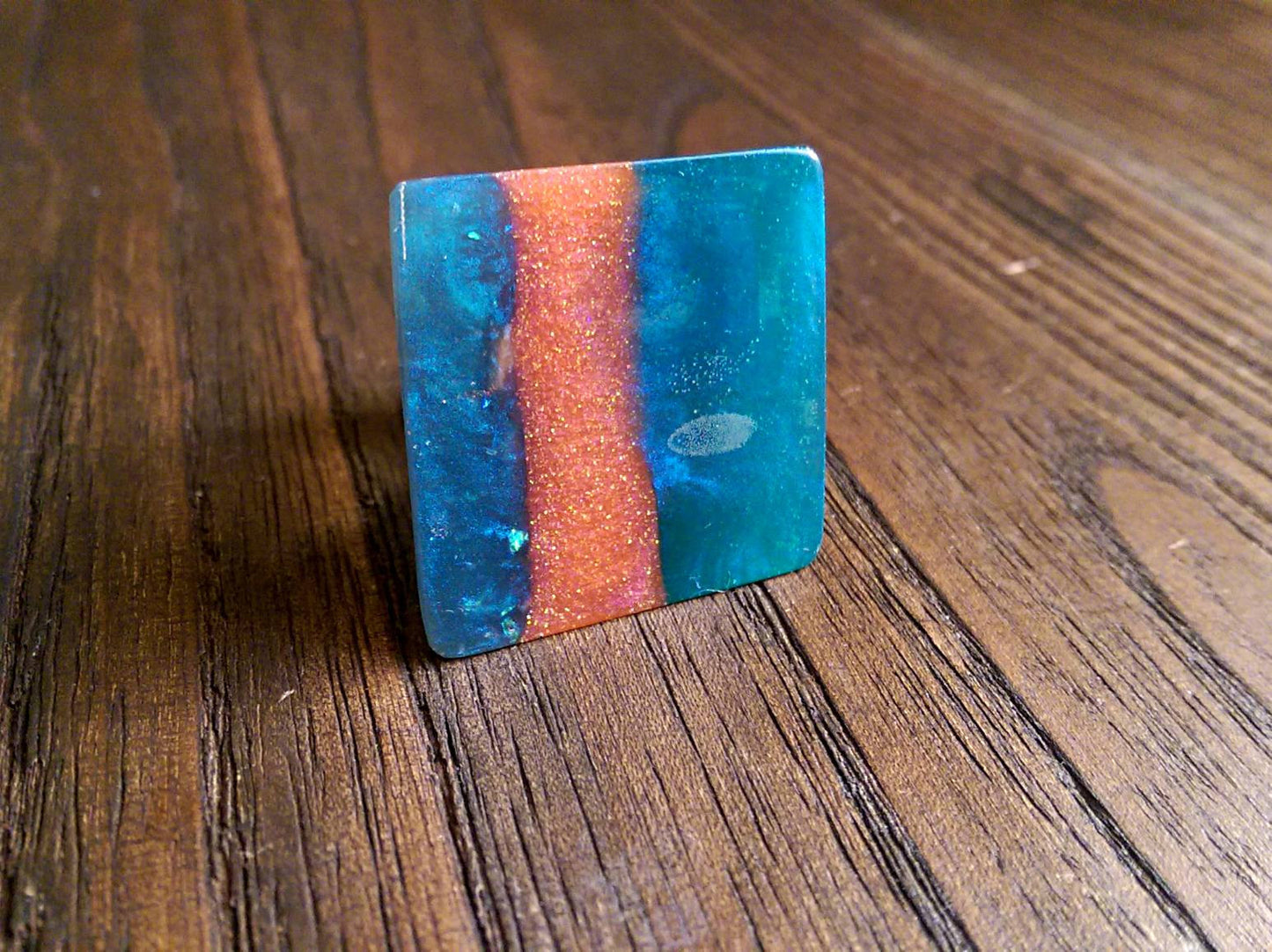 Statement Square Resin Ring, Handmade Size 7 US N AU. Blue Glitter Mix Ring