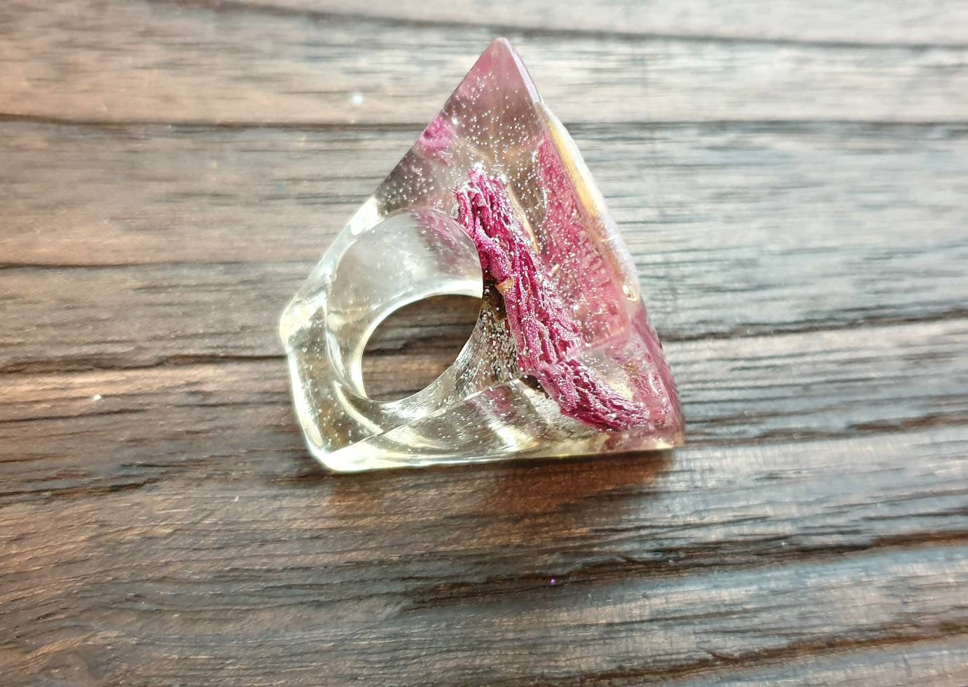 Statement Square Resin Ring, Handmade Size 7 US N AU Real Rose Clear Ring