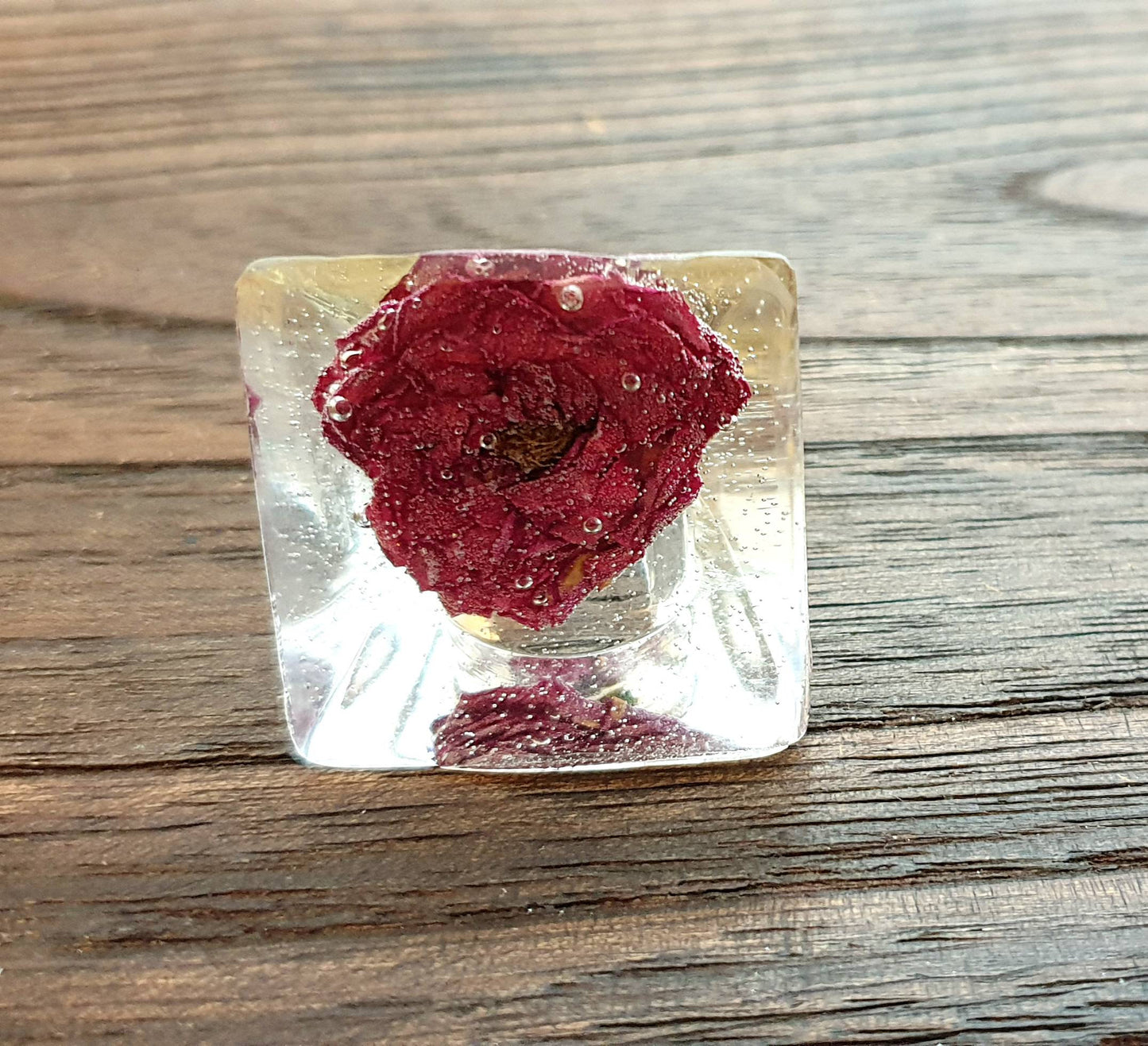 Statement Square Resin Ring, Handmade Size 7 US N AU Real Rose Clear Ring