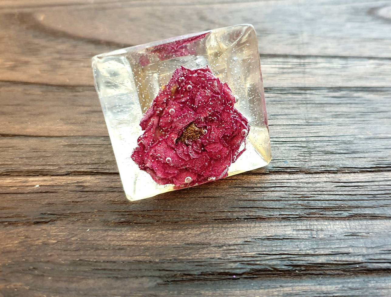 Statement Square Resin Ring, Handmade Size 7 US N AU Real Rose Clear Ring
