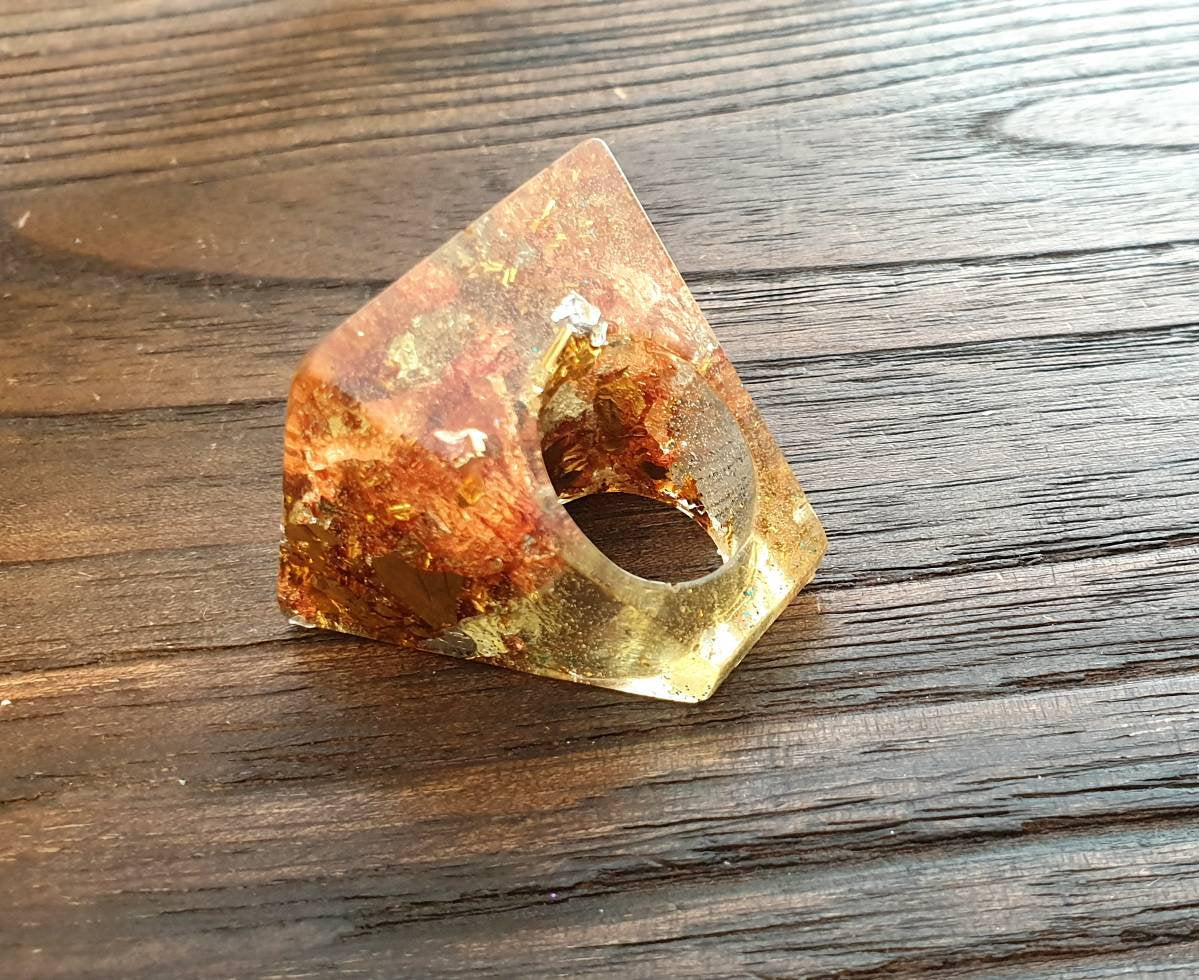 Statement Square Resin Ring, Handmade Size 7 US N AU Silver Gold Rose Gold Leaf Mix Ring