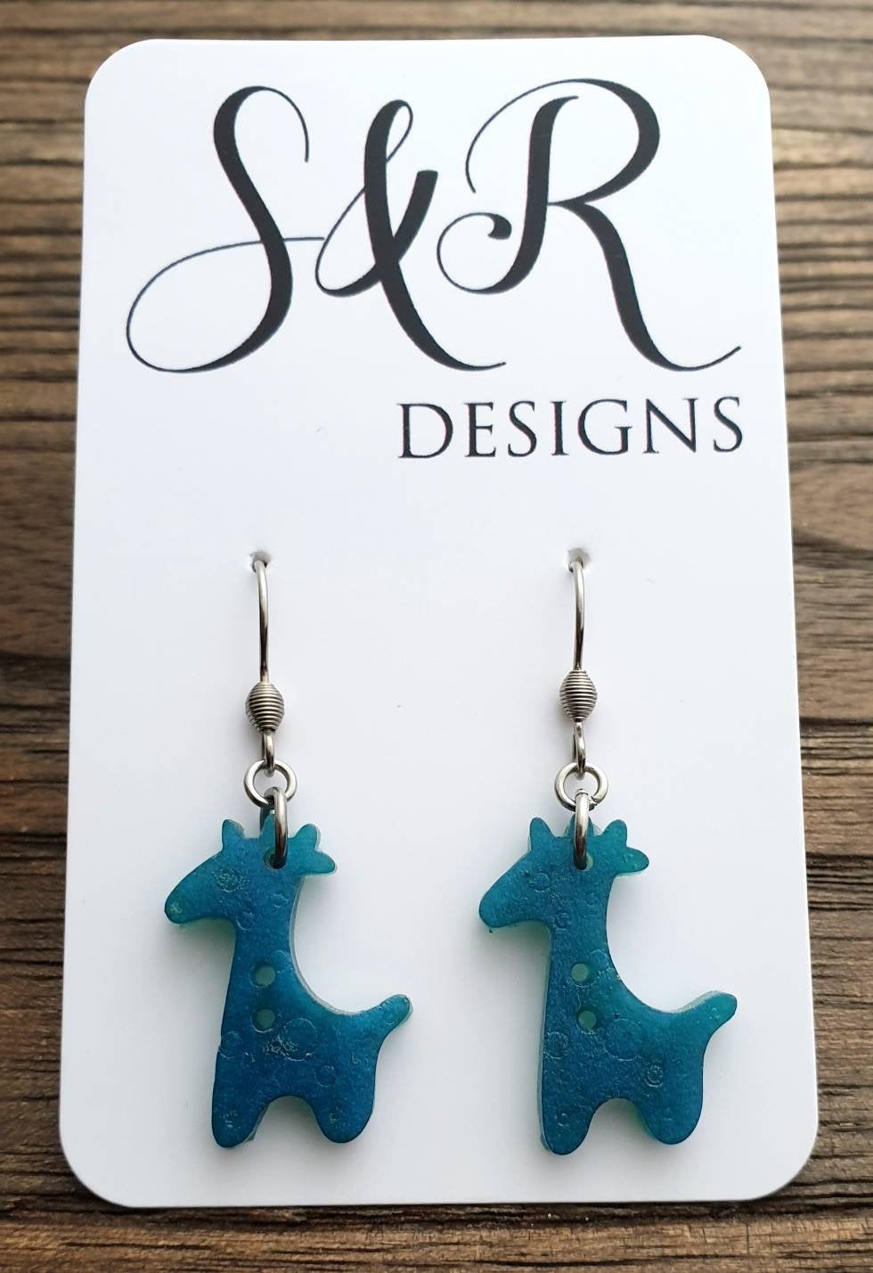 Giraffe Dangle Earrings, Mix Blue Resin Stainless Steel Earrings.
