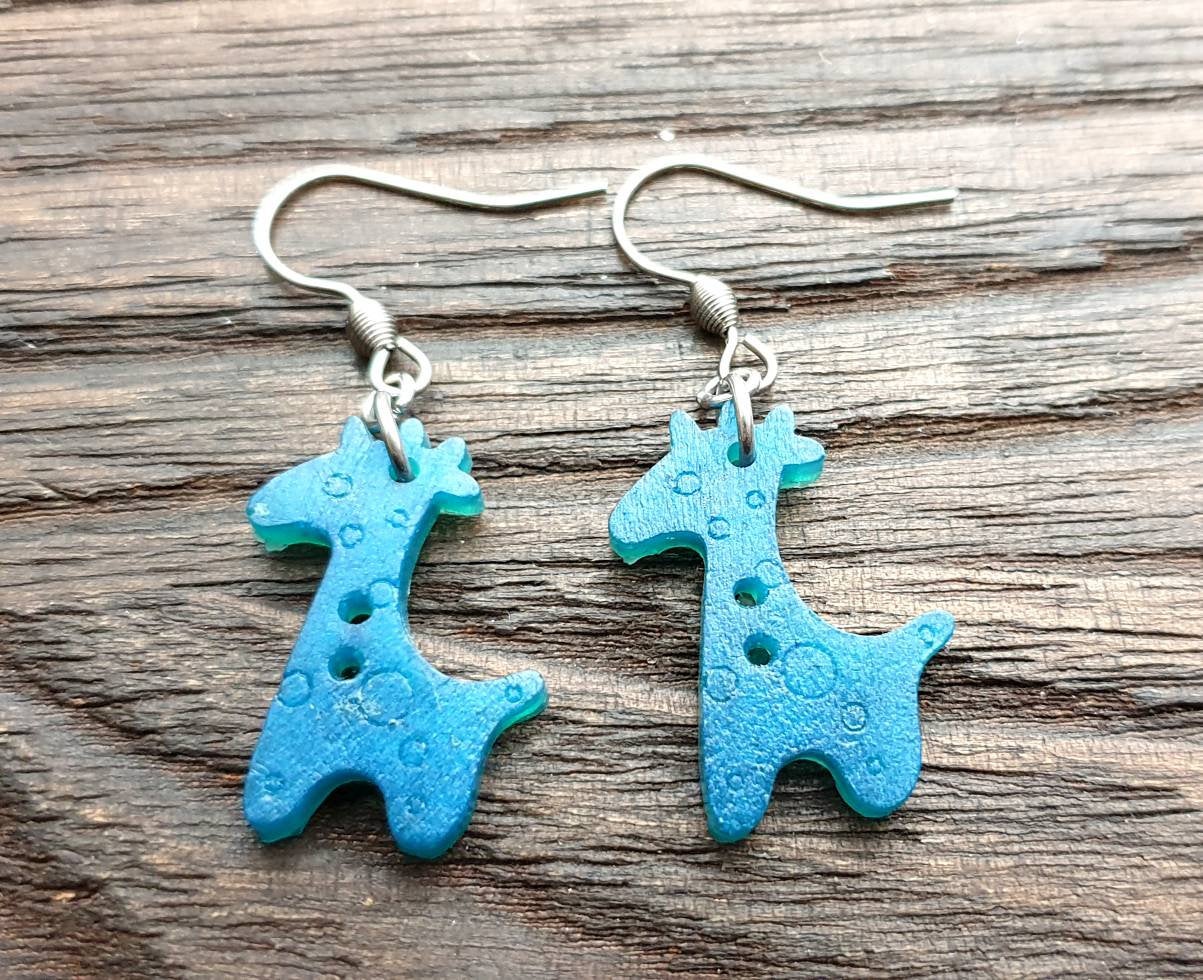 Giraffe Dangle Earrings, Mix Blue Resin Stainless Steel Earrings.