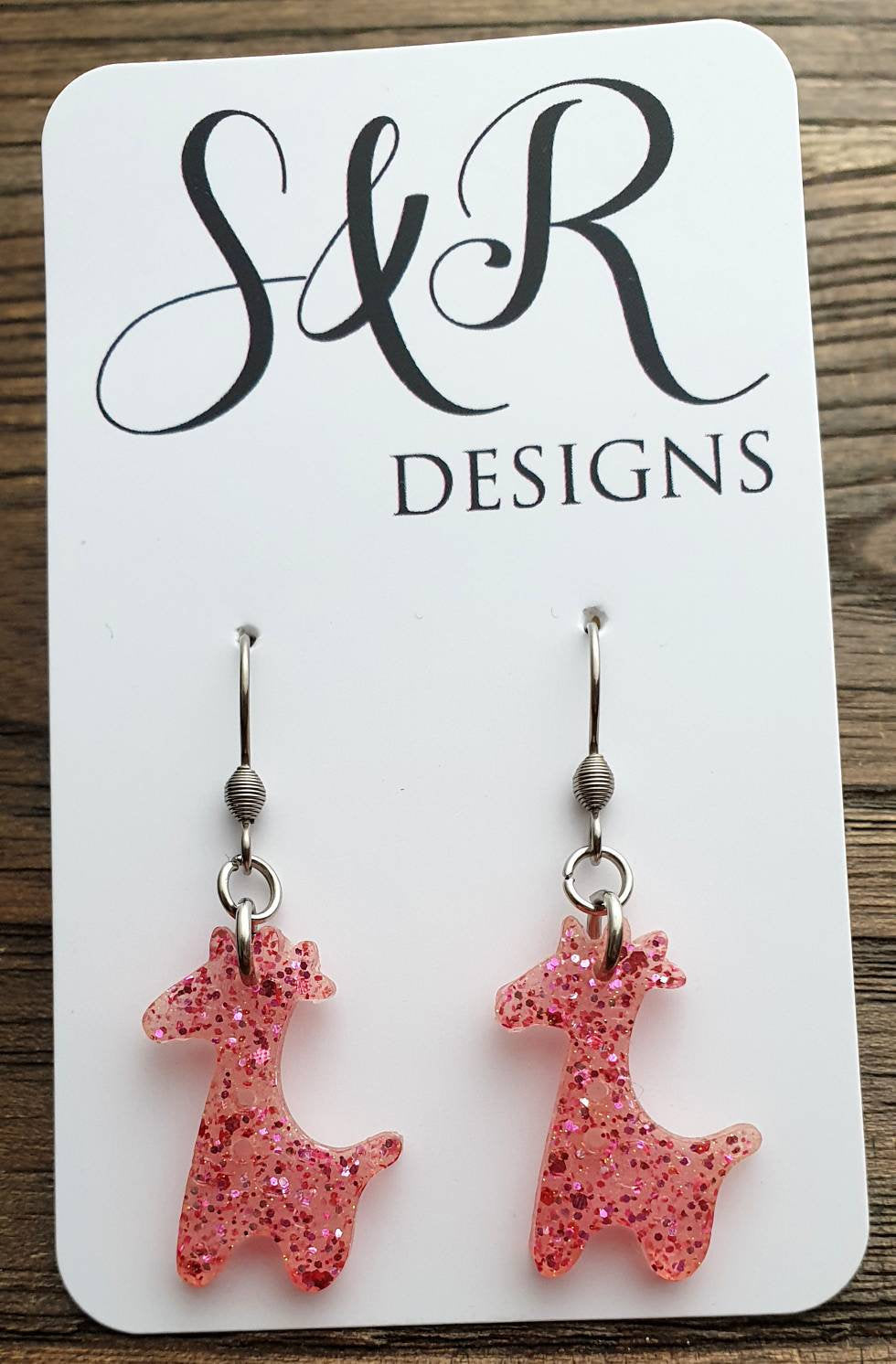 Giraffe Dangle Earrings, Pink Glitter Resin Stainless Steel Earrings.