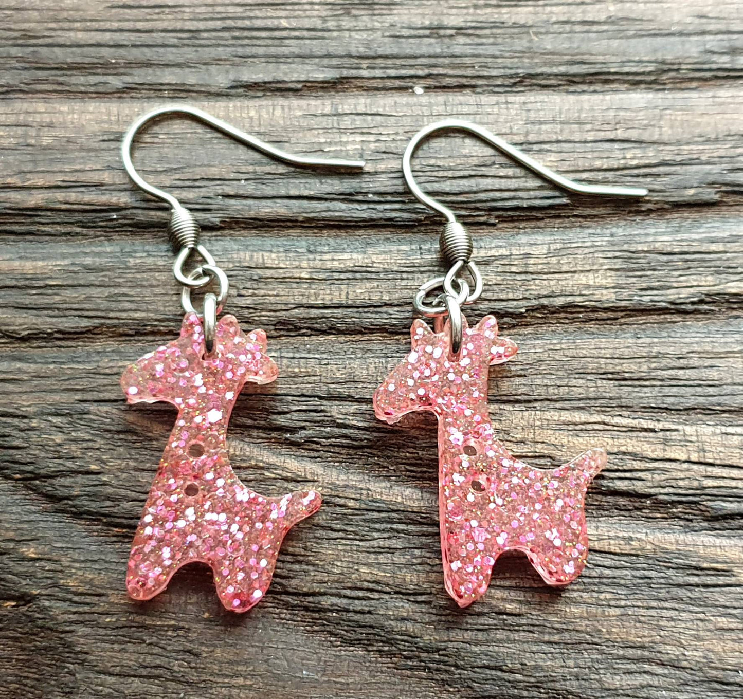 Giraffe Dangle Earrings, Pink Glitter Resin Stainless Steel Earrings.