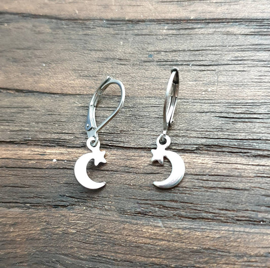 Star Moon Leverback Earrings, Stainless Steel Dangle Leverback, threaders or Hook Earrings.