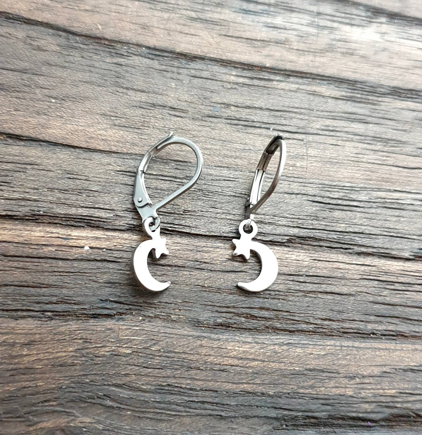 Star Moon Leverback Earrings, Stainless Steel Dangle Leverback, threaders or Hook Earrings.