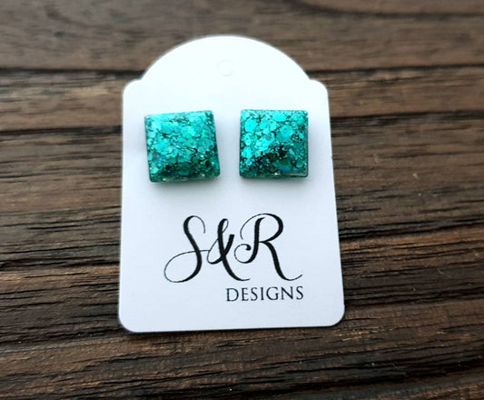 Square Resin Stud Earrings, Teal Glitter Square Earrings made with Stainless Steel. 12mm