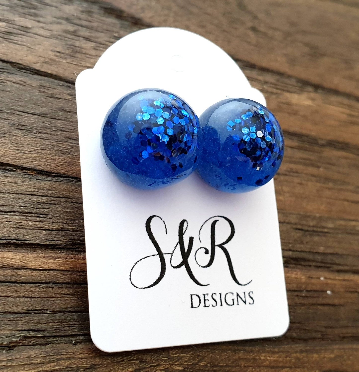 Resin Ball Stud earrings Blue Glitter Earrings, stainless steel earrings 14mm