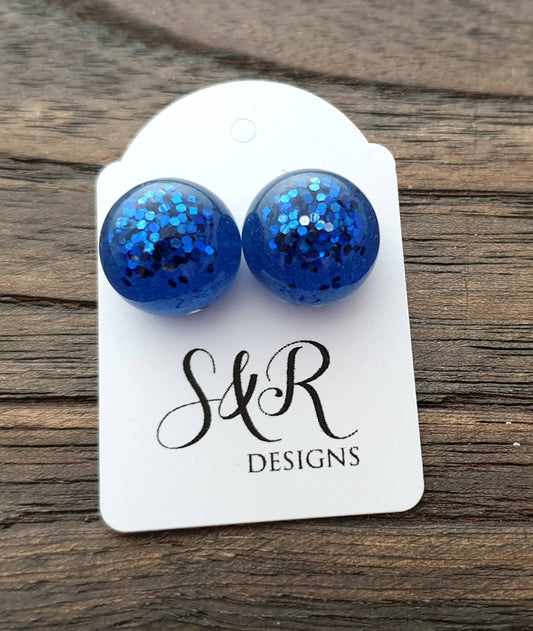 Resin Ball Stud earrings Blue Glitter Earrings, stainless steel earrings 14mm