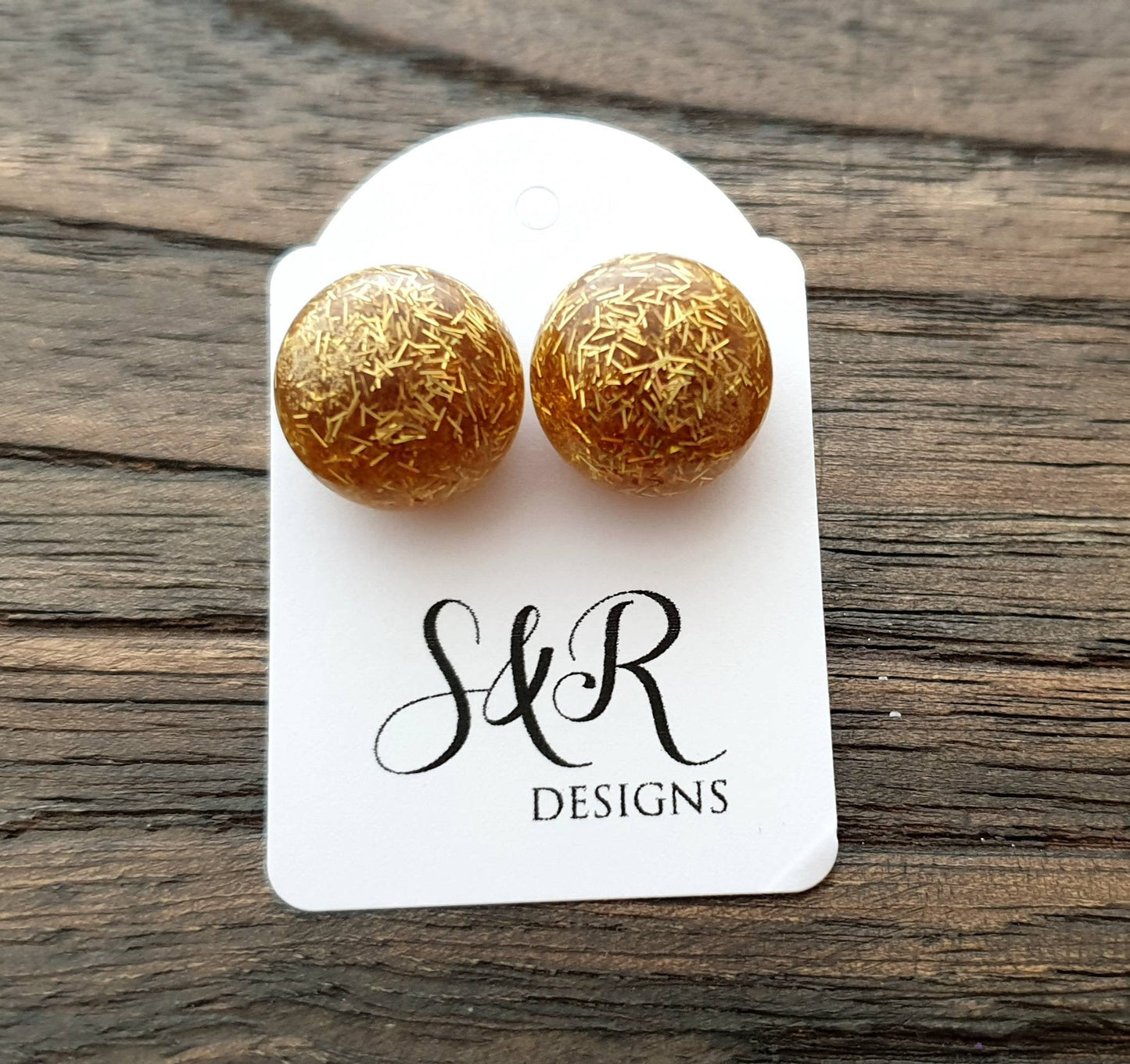 Resin Ball Stud earrings Gold Glitter Earrings, stainless steel earrings 14mm