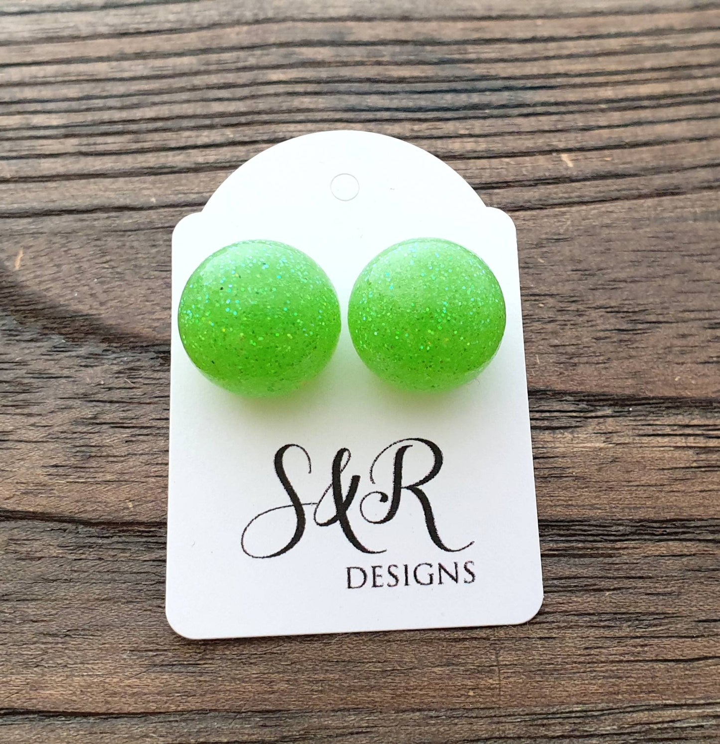 Resin Ball Stud earrings Lime Green Glitter Earrings, stainless steel earrings 14mm