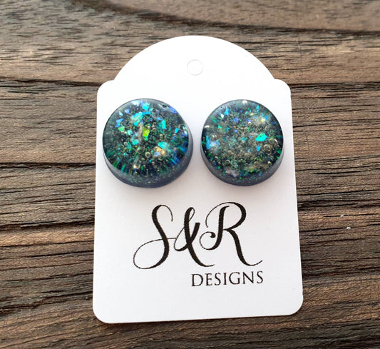 Hand Made Resin Faux Opal Galaxy Glitter Mix Stud Earrings made of Stainless Steel. 14mm