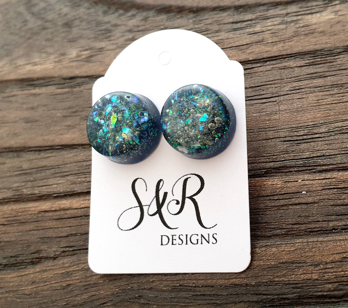 Hand Made Resin Faux Opal Galaxy Glitter Mix Stud Earrings made of Stainless Steel. 14mm