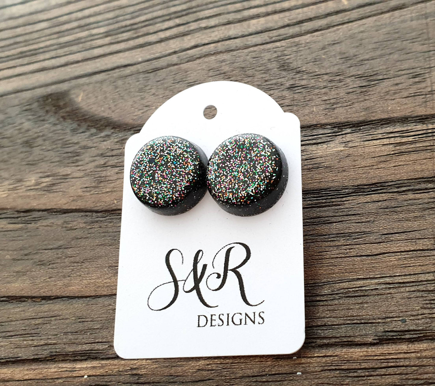 Hand Made Resin Black Rainbow Glitter Mix Stud Earrings made of Stainless Steel. 14mm