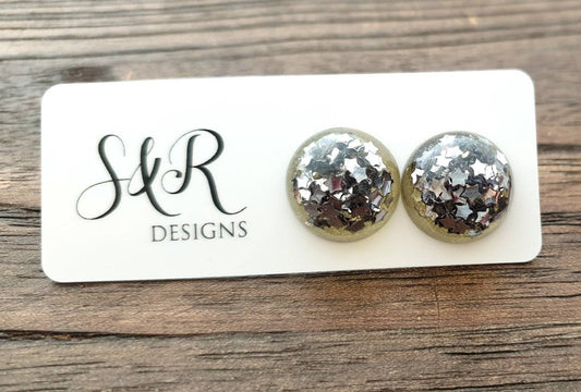 Resin Circle Stud earrings stainless steel Silver Stars Glitter Earrings Sparkly. 14mm
