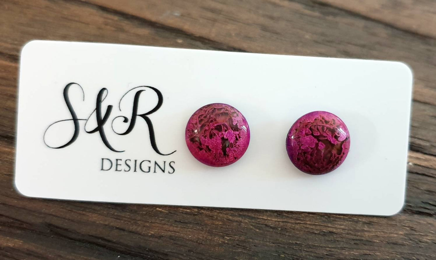 Circle Resin Pink Purple Stud Earrings, Stainless Steel Stud Earrings. 12mm