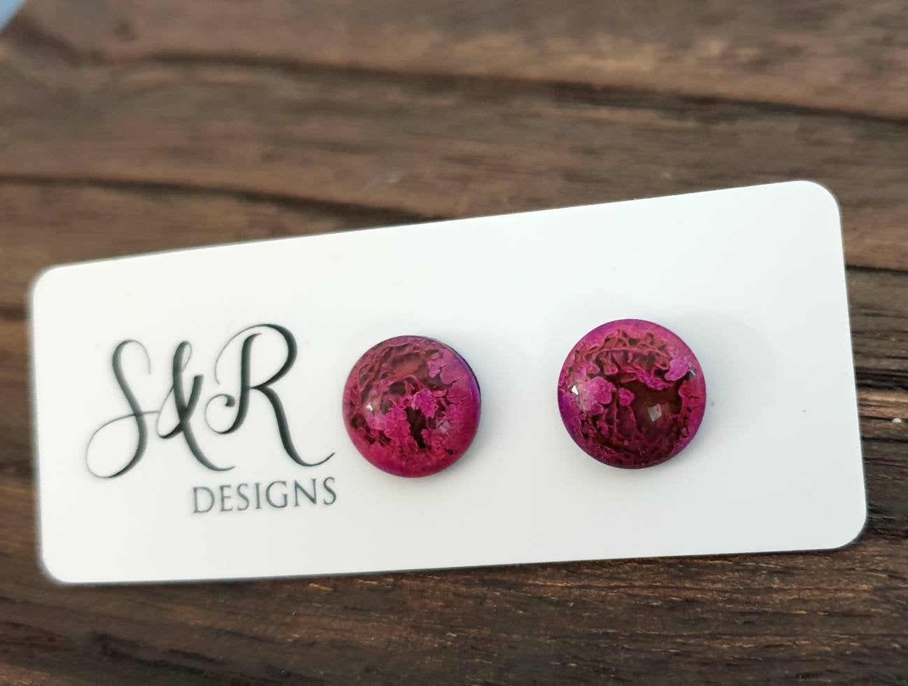 Circle Resin Pink Purple Stud Earrings, Stainless Steel Stud Earrings. 12mm