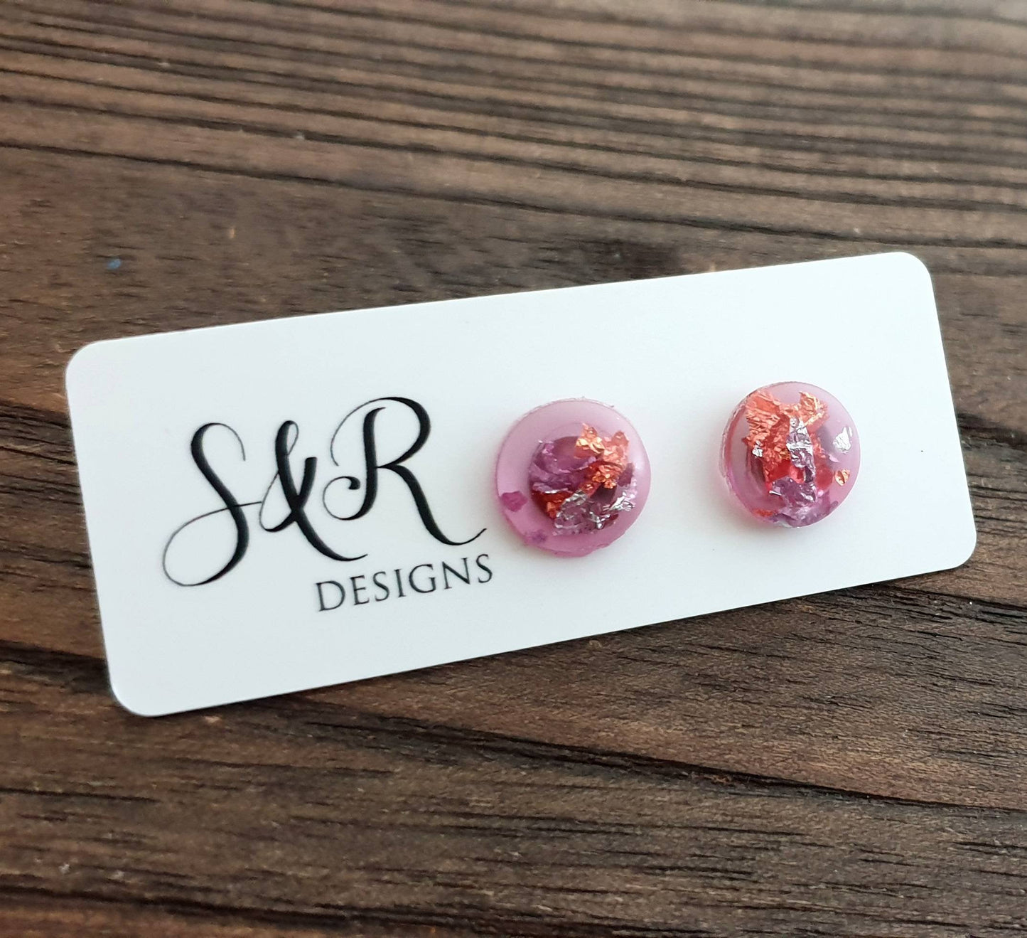 Circle Resin Stud Earrings, Magenta Mixed Rose Gold Silver Leaf Earrings, Stainless Steel Stud Earrings. 12mm