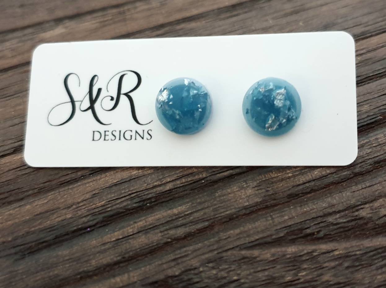 Circle Resin Stud Earrings, Blue Mixed Silver Leaf Earrings, Stainless Steel Stud Earrings. 12mm