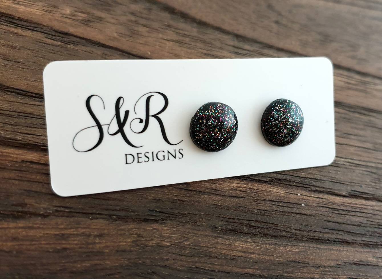 Circle Resin Stud Earrings, Black Rainbow Glitter Mix Stainless Steel Stud Earrings. 12mm