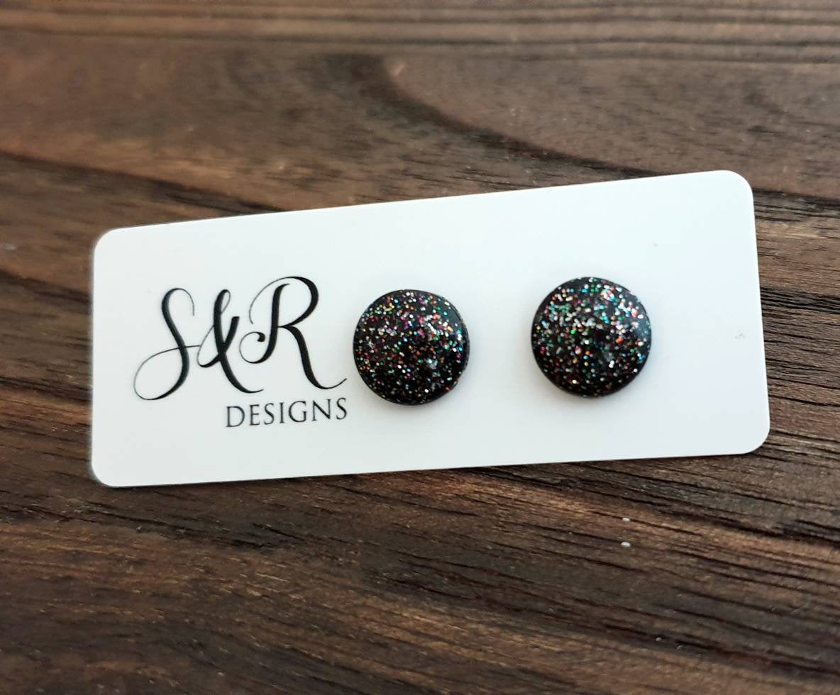 Circle Resin Stud Earrings, Black Rainbow Glitter Mix Stainless Steel Stud Earrings. 12mm