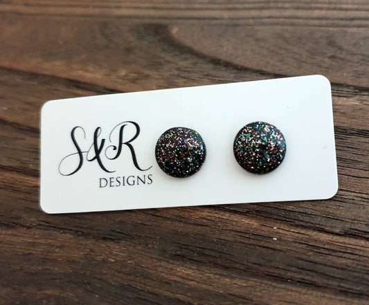 Circle Resin Stud Earrings, Black Rainbow Glitter Mix Stainless Steel Stud Earrings. 12mm