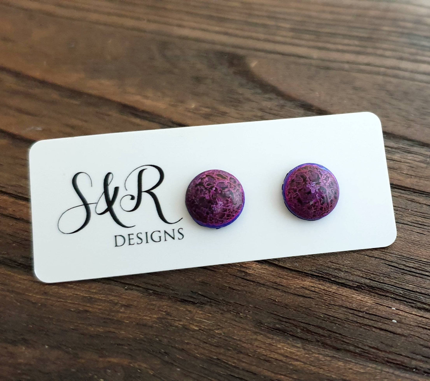 Circle Resin Pink Purple Mix Stud Earrings, Stainless Steel Stud Earrings. 12mm