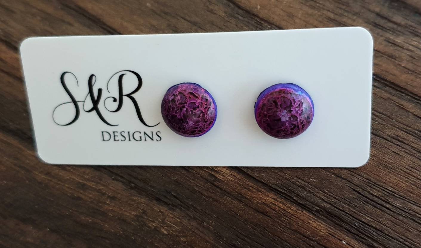 Circle Resin Pink Purple Mix Stud Earrings, Stainless Steel Stud Earrings. 12mm
